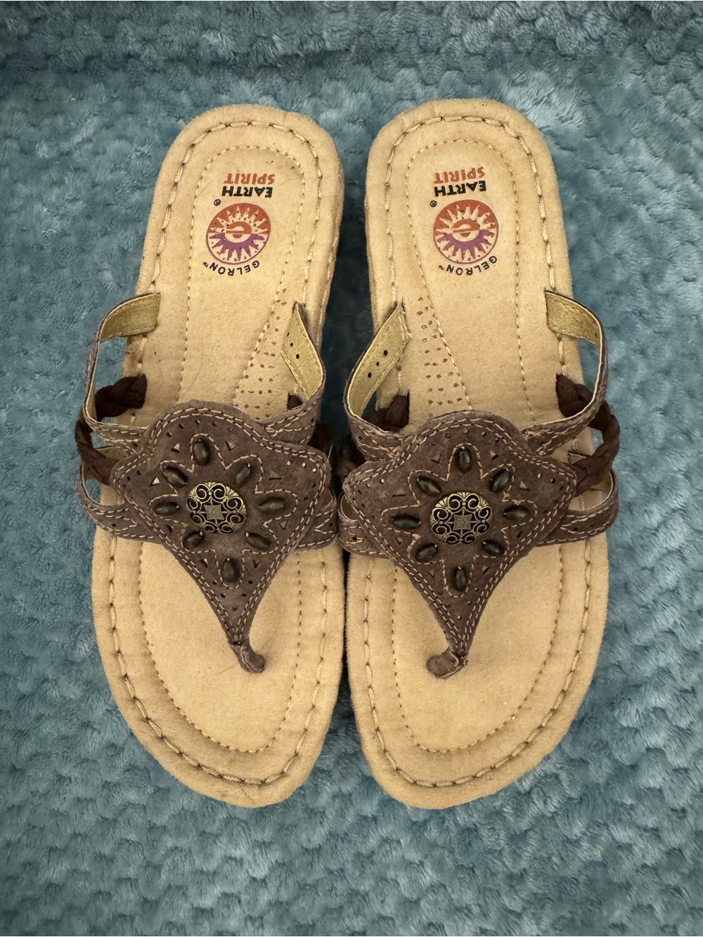 Earth Spirit Taupe Brown Laser-Cut Thong Sandals with Medallion Accent